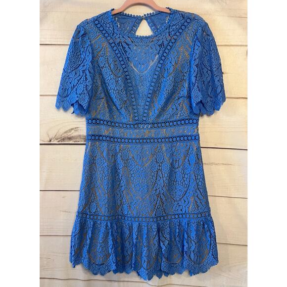 Saylor Blue Eyelet Dress Size LG High Neck Floral Short Sleeve Chic - Picture 1 of 5